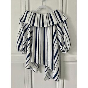 Chloe Off The Shoulder Asymmetric Hem Bishop Sleeve White Blue Blouse Size Small